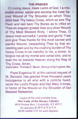 Back of The Prayer to the Shoulder Wound of Jesus